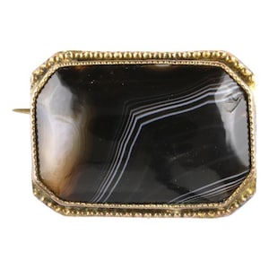 Antique Victorian Scottish Banded Agate Rectangular Brooch Pin c1880
