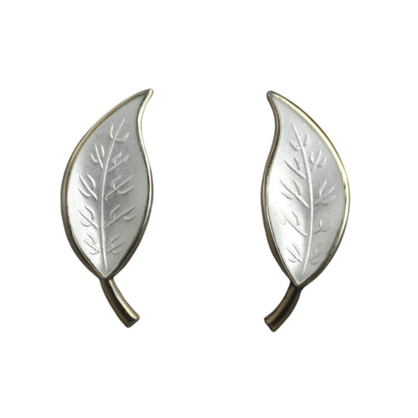 DAVID ANDERSEN Norway Willy Winnaess 1950's Silver & White Enamel LEAF Earrings