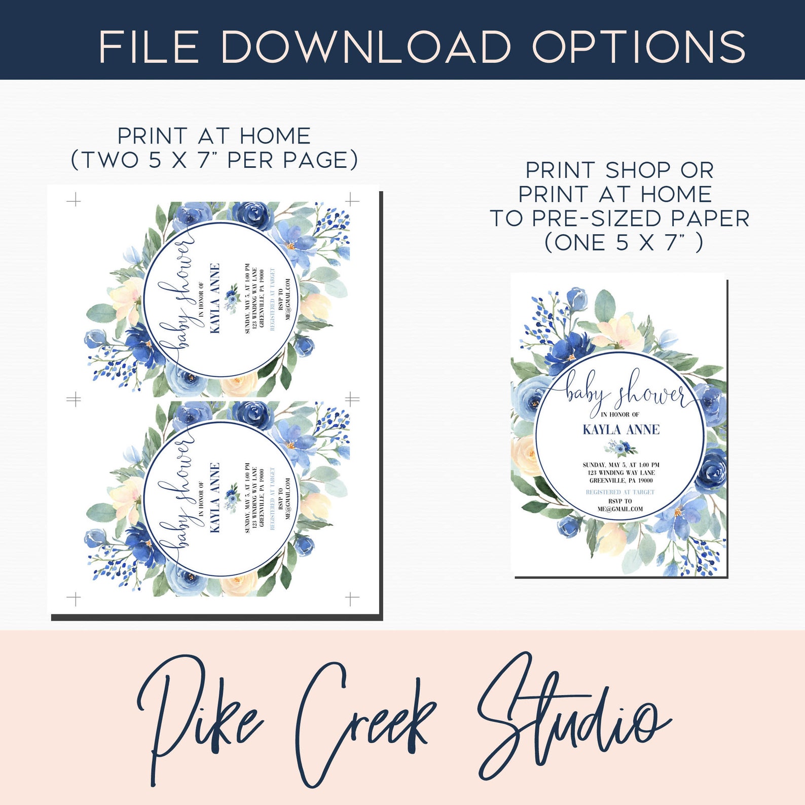 Blue Baby Shower Invitation Blue and White Flowers Editable Etsy