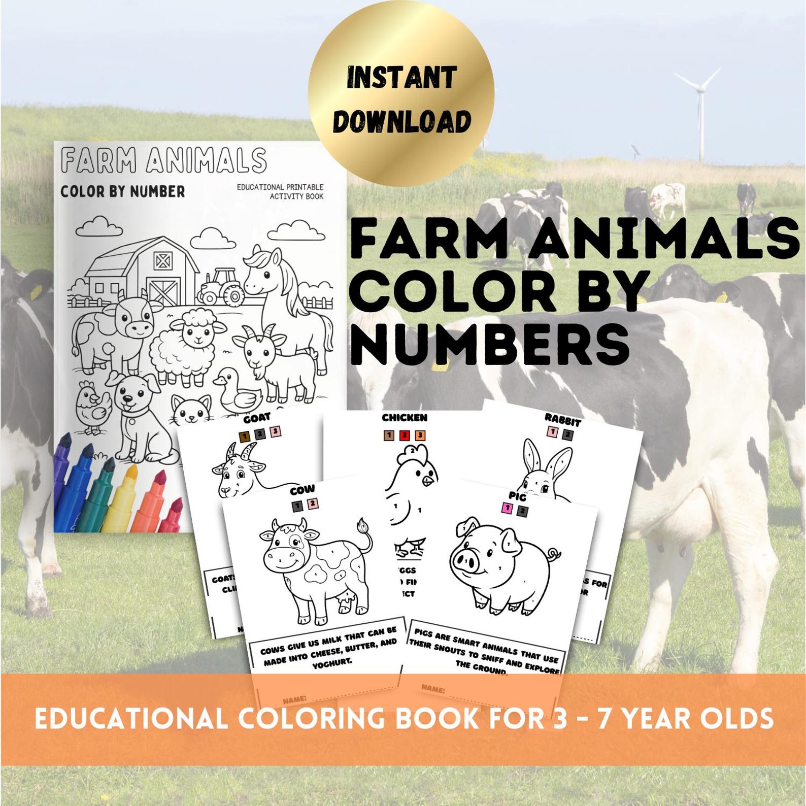 Farm Animals Color by Number | Kids Educational Printable Activity Book ...
