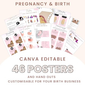 46 Canva Schwangerschafts- und Geburtsposter, Handouts und Lernfolien für Geburtshelfer, vorgeburtliche Pränatalkurse