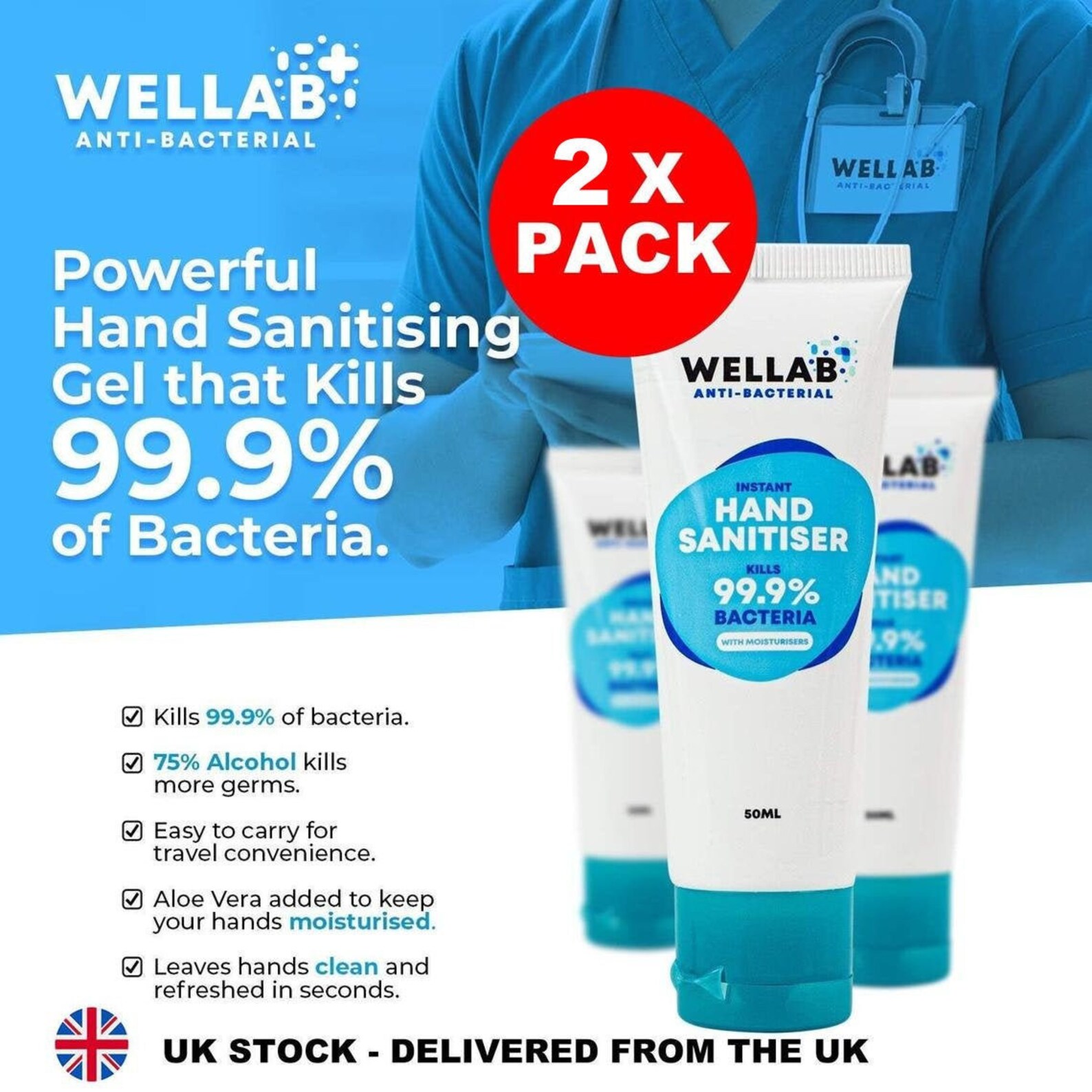 Wellab Anti bacterial Hand Sanitiser Gel 75% Alcohol 50ml x 1 | Etsy