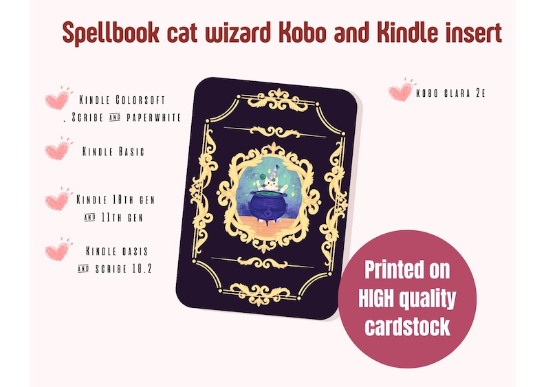 Peut inclure: Insert pour Kindle violet fonc&eacute; avec un cadre dor&eacute; orn&eacute; et une illustration de chat sorcier. Le texte indique "Spellbook cat wizard Kobo and Kindle insert". L'insert est imprim&eacute; sur du carton de haute qualit&eacute;.