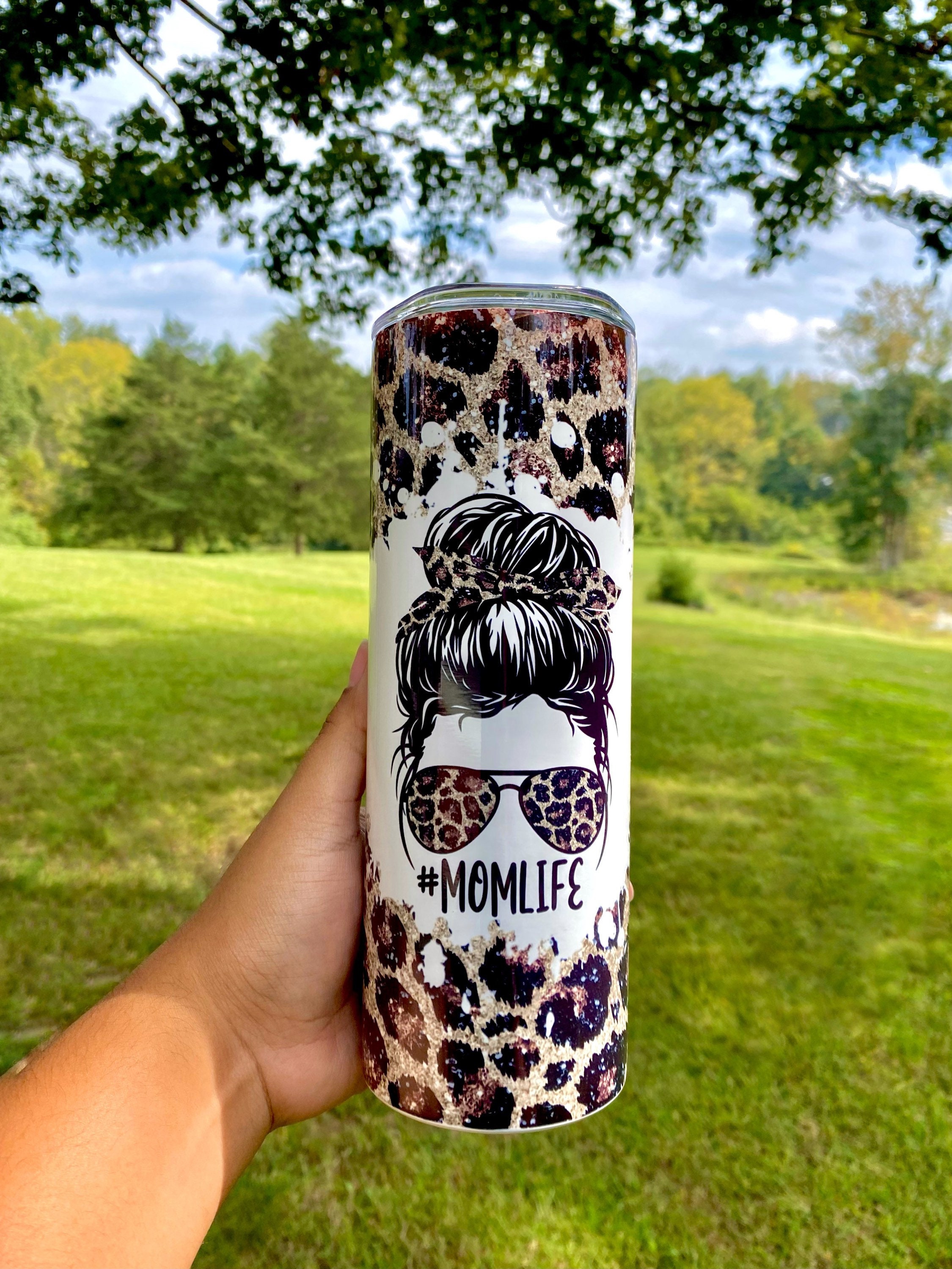 Mom Life Tumbler, Mom Christmas Gift, Leopard Print Skinny Tumbler, Messy  Bun 20oz Tumbler, Travel Coffee Mug, Mom Custom Tumbler