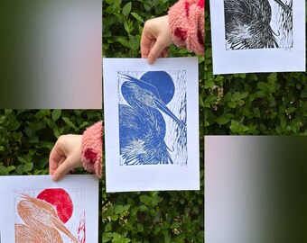 Linogravure artisanale « Grue » – Estampe originale au format A5, linogravure, estampe, grue au soleil, format A5, originale