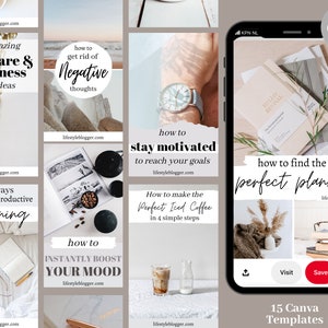 15 Soft-Neutral Customizable Pinterest Templates | Pinterest Graphic Templates | Social Media Templates | Branding Kit
