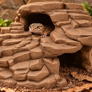 May include: A brown, textured rock-shaped reptile hideout with a hollow interior and a wide opening. A yellow and black spotted leopard gecko is positioned inside the entrance of the structure, resting on the ledge of the rock formation.