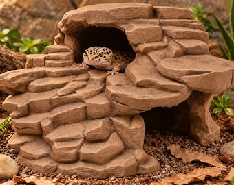 Tiered Rock Reptile Hide | 3D Printed Cave with Climbing Ledges | Brown Terrarium Decor Safe PETG
