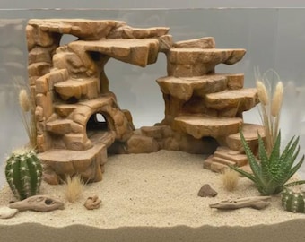 Desert Rock Terrarium Hide | Multi-Level Reptile Climbing Cave & Basking Ledges | Gecko Vivarium Decor | 8"x8"x5" - Safe PETG