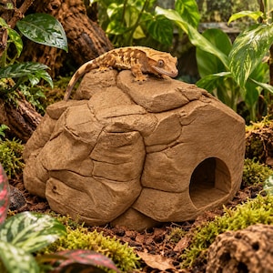 May include: A tan, textured rock-shaped reptile hide with a rounded entrance hole. A light brown crested gecko with a patterned back and tail is perched on top of the structure, which features realistic stone-like crevices and layered surfaces.