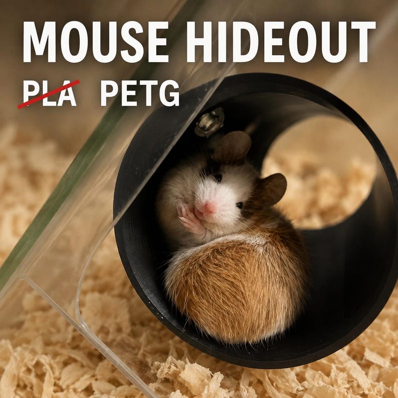 May include: A black cylindrical mouse hideout with the text MOUSE HIDEOUT and PLA PETG printed above it. A small brown and white mouse is curled up inside the black tube, which is attached to a clear plastic structure.