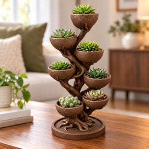 May include: A brown, tree-shaped planter stand featuring seven individual bowl-shaped compartments arranged in a vertical, branching structure. Each bowl holds a different small succulent plant, including green, spiky, and fuzzy varieties.