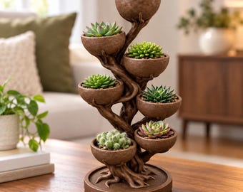 7 Pot Succulent Planter Tree | Multi Tier Indoor Plant Stand | Small Cactus Planter | Unique Plant Decor | 3"x3"x7" - Safe PETG