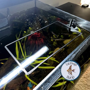 May include: A black plastic fish tank with a clear glass lid. The tank is filled with water and has plants and fish inside. The tank has a black mesh lid and a sticker that says "Lid Propz Shop".