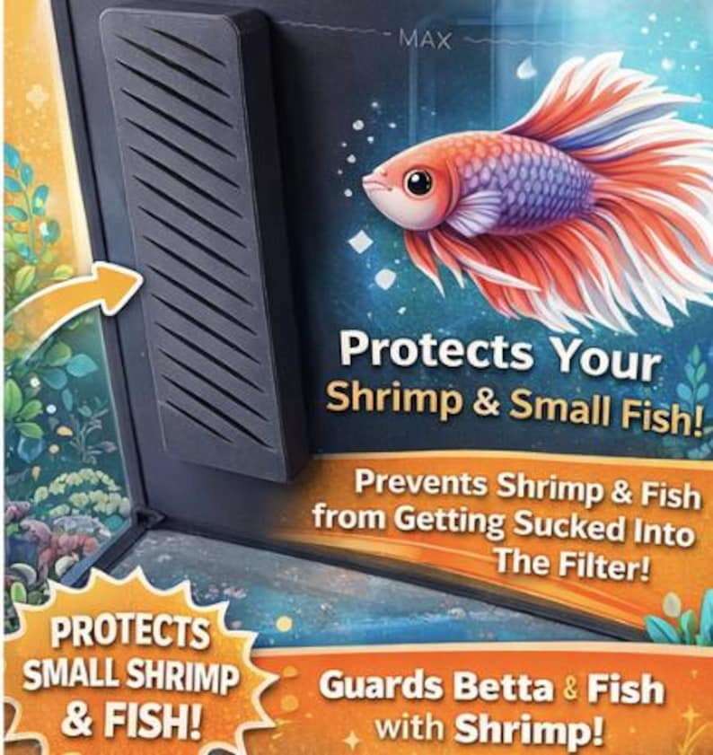 May include: A black aquarium filter guard with a slotted design. The image features a colorful illustration of a betta fish and text that reads "Protects Your Shrimp & Small Fish!" and "Guards Betta & Fish with Shrimp!"