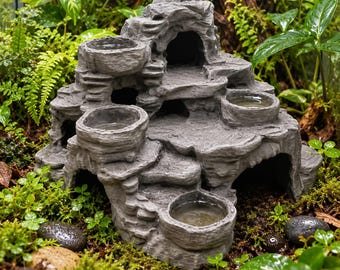 Terrarium Rock Hide with Plant Pots & Water Bowls, Reptile and Amphibian Cave Decor. Vivarium Habitat Size 8"x8"x5" - Safe PETG