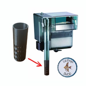 May include: A black plastic filter media basket with a grid pattern. The basket is designed to fit inside a canister filter. The basket is shown next to a canister filter with a blue and grey exterior.