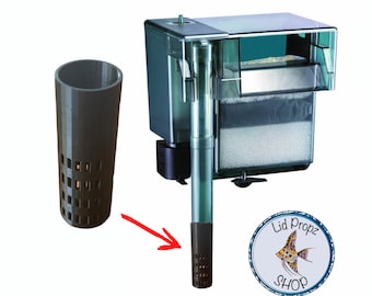 May include: A black plastic filter media basket with a grid pattern. The basket is designed to fit inside a canister filter. The basket is shown next to a canister filter with a blue and gray exterior.