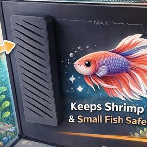 May include: A black aquarium filter with a decorative illustration of a betta fish. The fish is red, purple, and white, with the text "Keeps Shrimp & Small Fish Safe!" on the front.