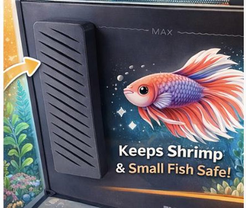 May include: A black aquarium filter with a decorative illustration of a betta fish. The fish is red, purple, and white, with the text "Keeps Shrimp & Small Fish Safe!" on the front.