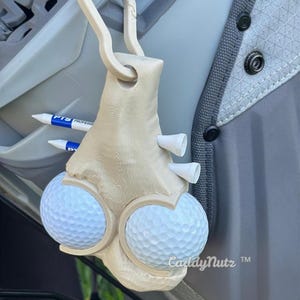 Könnte beinhalten: Ein beiges Golfzubehör mit zwei Golfbällen und Teehaltern. Zwei blau-weiße Stifte sind in das Zubehör eingesetzt. Der Text "CaddyNutz" ist unten rechts sichtbar.