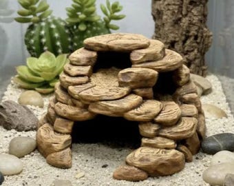 Stacked Rock Reptile Hide – Multi-Level Terrarium Cave & Climbing Ledges | Multi-Level Cave | Gecko Vivarium Decor | 8"x8"x5" - Safe PETG