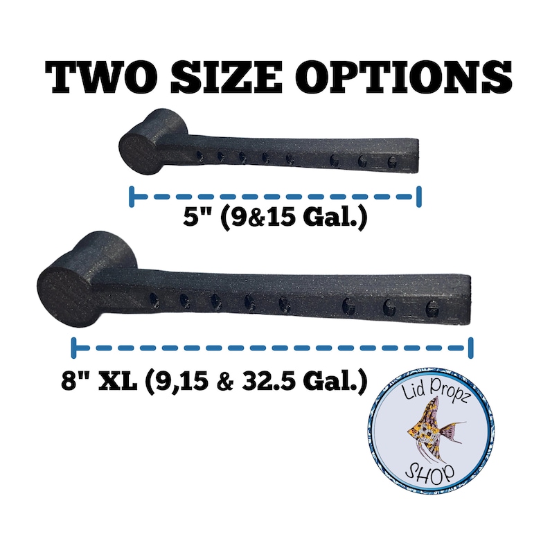 May include: Two black, rectangular objects with multiple holes are displayed, labeled as size options. The smaller one is 12.7 cm long, and the larger one is 20.3 cm long. The text "TWO SIZE OPTIONS" is at the top.