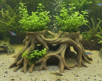 Aquarium Tree Root Plant Pot – Multi-Pocket Planter & Fish Hide | Driftwood Style Aquascape Planter | Fish Tank Plant Decor 4"x4"x2.5" PETG