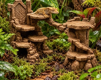 Fantasy Castle Terrarium Decor | Throne, Tower & Bridge Hideaway | Reptile Vivarium Accent Size 8"x8"x5" - Safe PETG