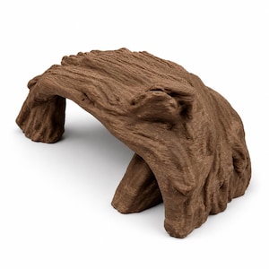May include: A brown, arched structure with a textured surface resembling natural tree bark. The object features a hollow, tunnel-like opening underneath, with a rugged, uneven exterior that mimics the appearance of weathered wood grain.