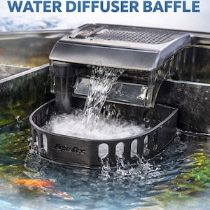 May include: A black HOB filter with a water diffuser baffle. Water flows from the filter into an aquarium. The text on the image says "Softens Water Flow", "Aquarium Safe Plastic", and "Great for Betta & Shrimp".