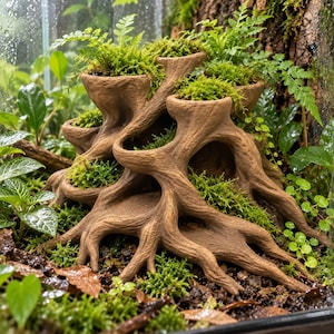 May include: A brown, multi-tiered planter shaped like a tree stump with exposed roots and multiple circular openings. The planter is filled with vibrant green moss and small fern fronds, creating a layered, organic structure for plant growth.