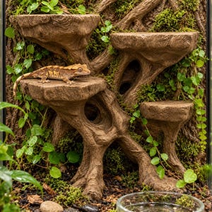 May include: A brown resin tree-like structure with multiple flat platforms for climbing, featuring textured bark details, green moss, and trailing vines. A tan and brown crested gecko rests on one of the platforms inside a glass enclosure.