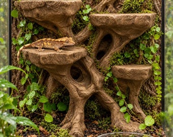 Reptile Climbing Tree with 4 Platforms | 3D Printed Woodgrain Gecko Perch | Brown Terrarium Decor - Safe PETG