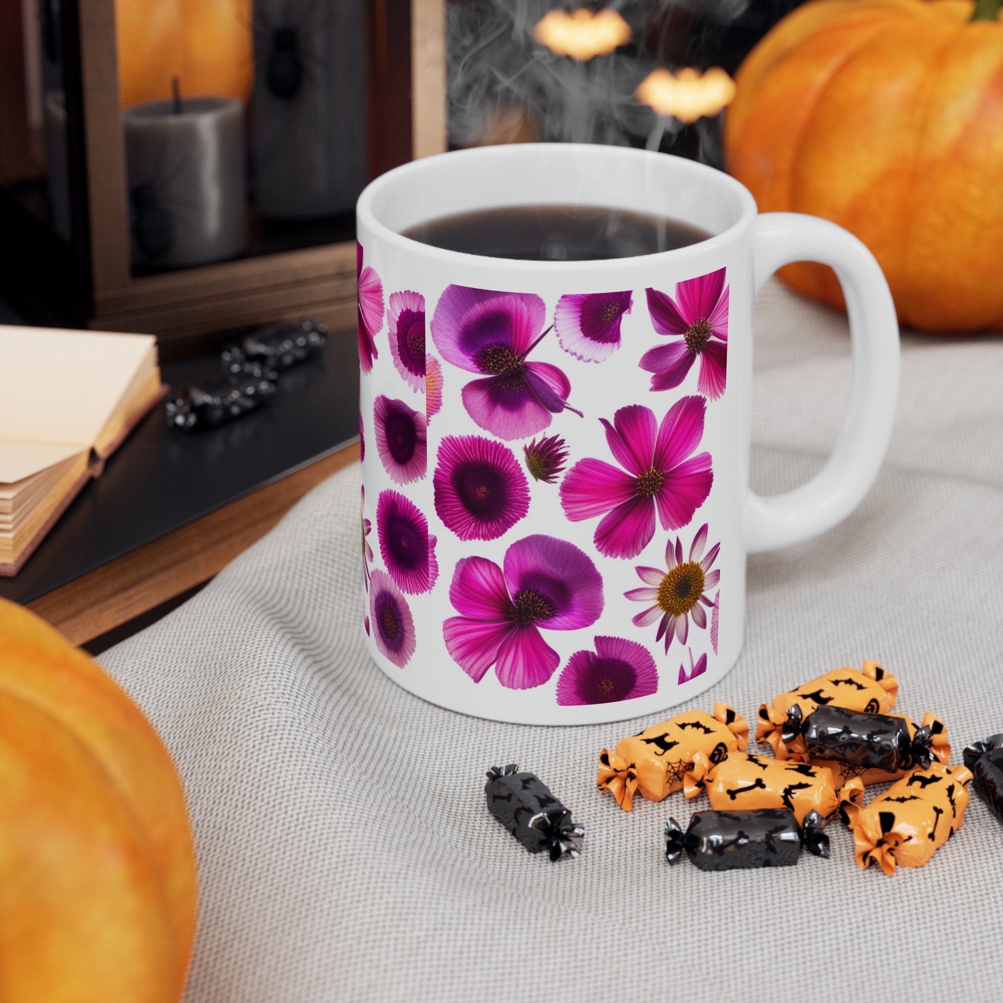 Blooms and Brew Pink Floral Flower Print Ceramic Mug 11oz