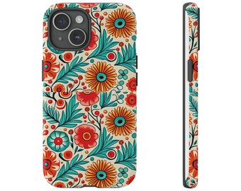 Retro Flower Print Tough Phone Cases for iPhone 15 14 13 12 11 pro max, Samsung galaxy, google pixel devices