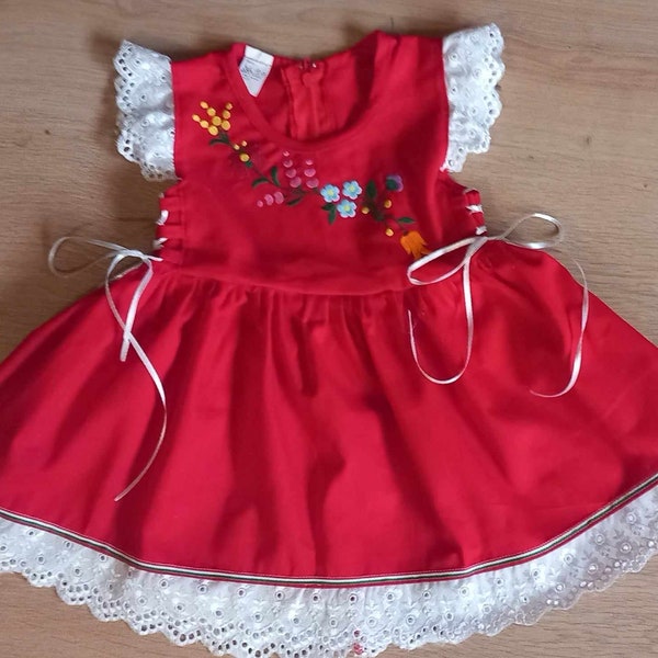 Traditional Hungarian / Handmade / Girls Red Embroidered Dress with Lace