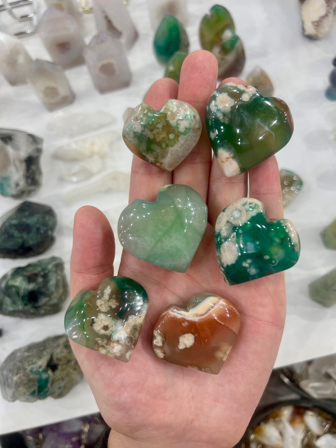 Green Flower Agate Heart Green Flower Agate Carving Cherry Etsy