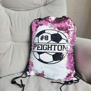 Girls Soccer Gifts for Girls, Personalized Sack Soccer Bag, PE School Sequin Drawstring Backpack, Soccer Girls Shoes Tote, Reversible