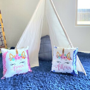 Unicorn Custom Pillow, Gift for Birthday Girl , Valentines Gift ,  2 , 3, 4 ,5 , 6 , 7 year old , Mermaid Sequin or Non Sequin case
