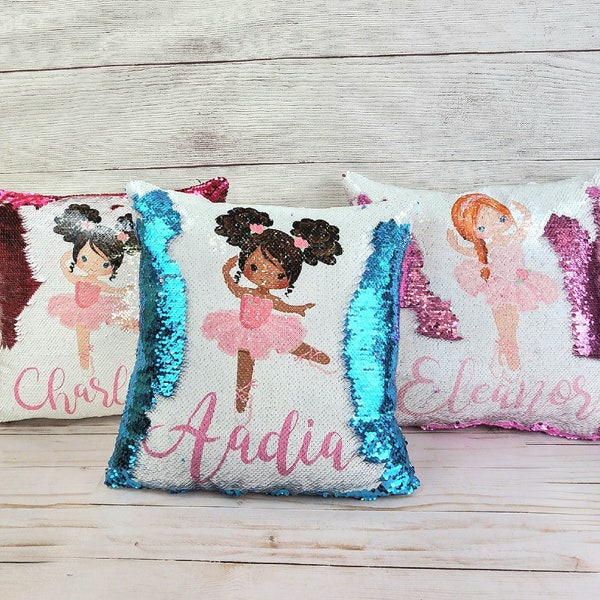 Tiny Ballerina Gift, Sleepover Birthday Girl Gift, Personalized Playroom Decor, Flip Sequin or Non Sequin Pillow, Dance Bedding