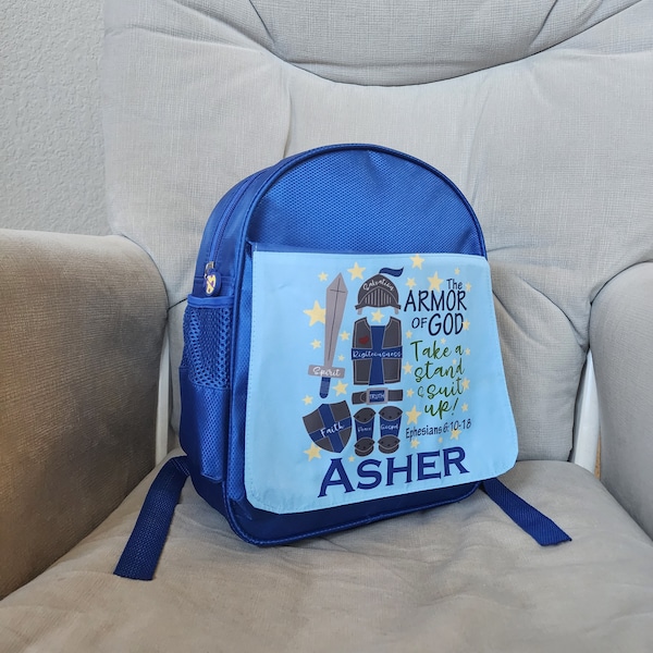 Armor of God - Ephesians 6: 10-18,  Faith Based Gifts for Boys, Custom Backpack or Tote 3, 4 ,5 , 6  year old for Sunday School Church