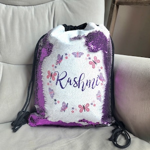 Gift for Birthday Girl, Butterfly Tote 2 , 3, 4 ,5 , 6 , 7 year old Birthday Gift BackPack Personalized Reversible Drawstring Bag