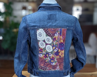 Custom Jean Jacket. Boho Stle.  Embellished Jean Jacket. Size L. Up-cycled. Sustainable style
