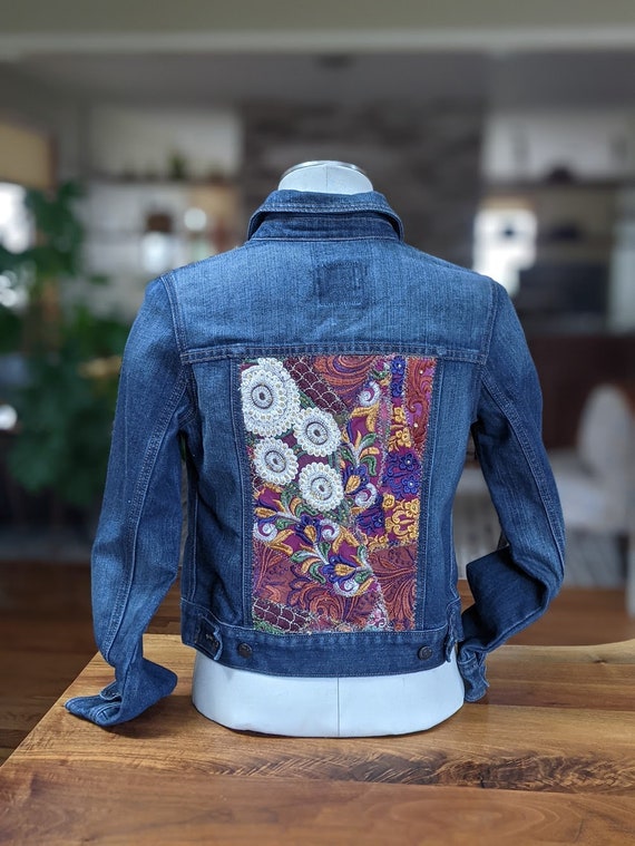 Custom Jean Jacket. Boho Stle. Embellished Jean Jacket. Size L. Up cycled. Sustainable Style Etsy UK
