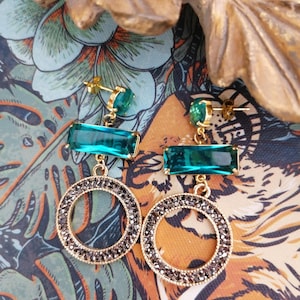 crystal and brass earrings, emerald and gold earrings, drop earrings, marcasite earrings, brass earrings