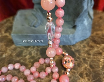 Long agate necklace, long pink stone necklace, bright pink necklace, knotted necklace, stone ball necklace, all pink necklace
