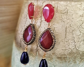 Bordeaux and Blue Earrings, Blue Stone Earrings, Burgundy Stone
