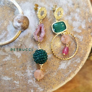 Large Asymmetric earrings, green and fuchsia earrings, different earrings with stones, green stone earrings, handmade earrings,