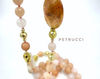 Long pink and orange necklace, light-colored necklace, long semiprecious stone necklace, large stone spheres, pink women's necklace, women's gift